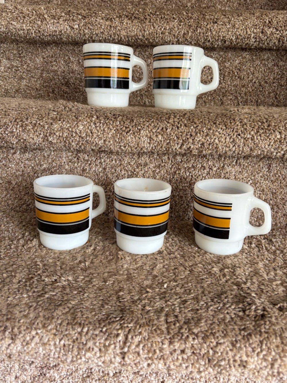 Anchor Hocking White Glass Mugs with Yellow and Black Stripes